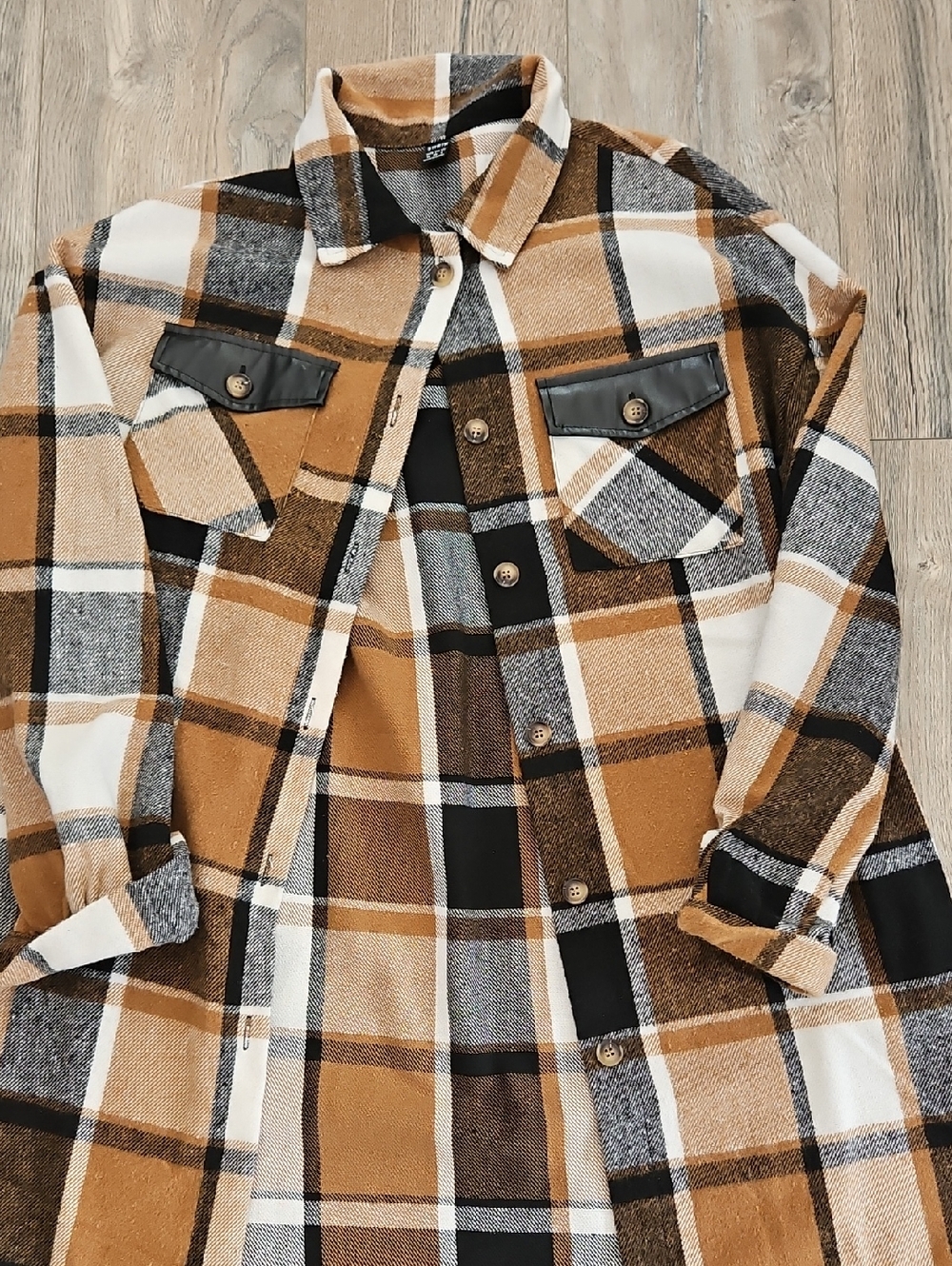 Womens Plaid Jacket Long  with Faux Leather Pocket Accents - Camel, Black, White